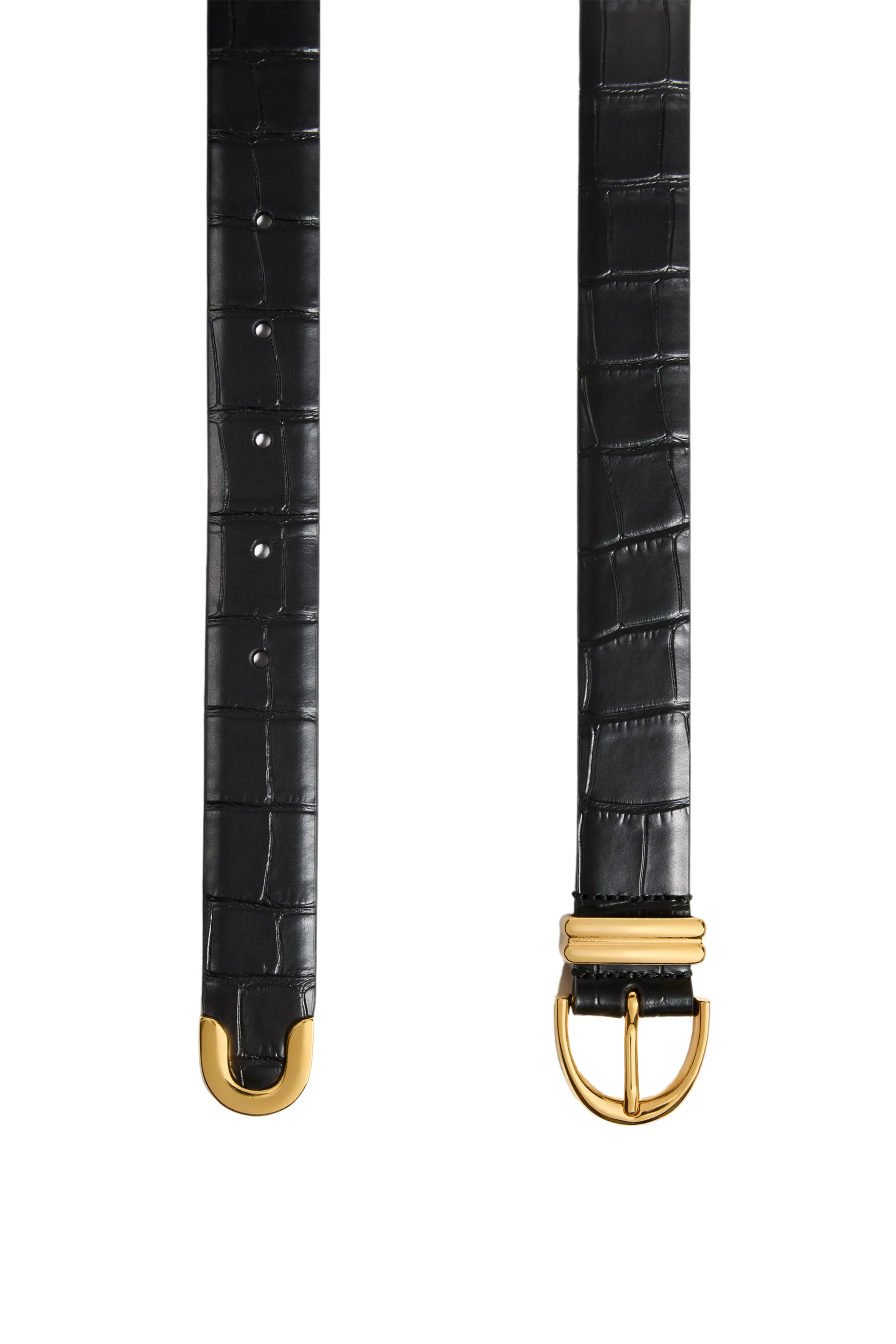 Bambi Black Croc Embossed Leather Belt in Gold Hardware