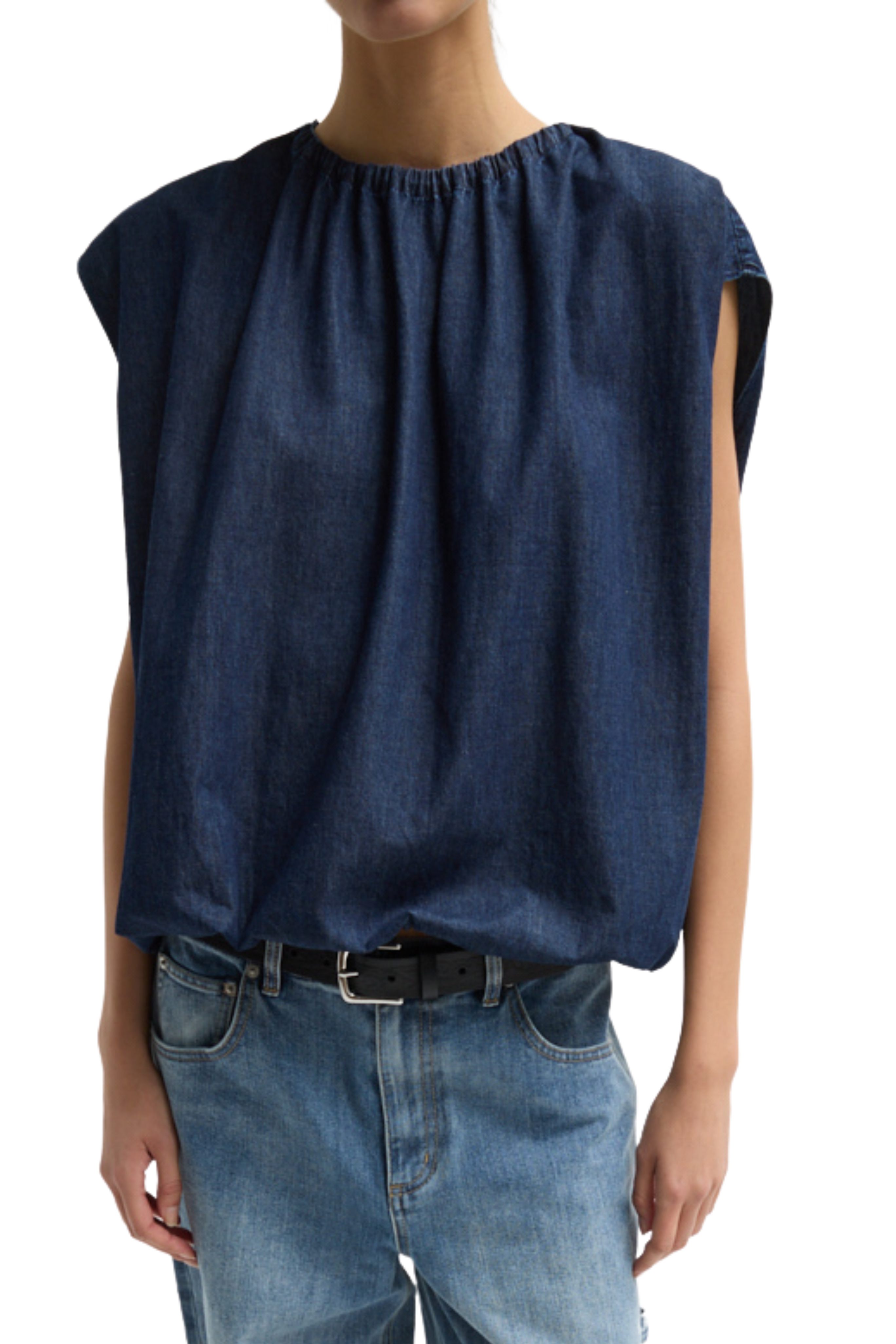 Summer Denim Indigo Shirred Neck Circular Top