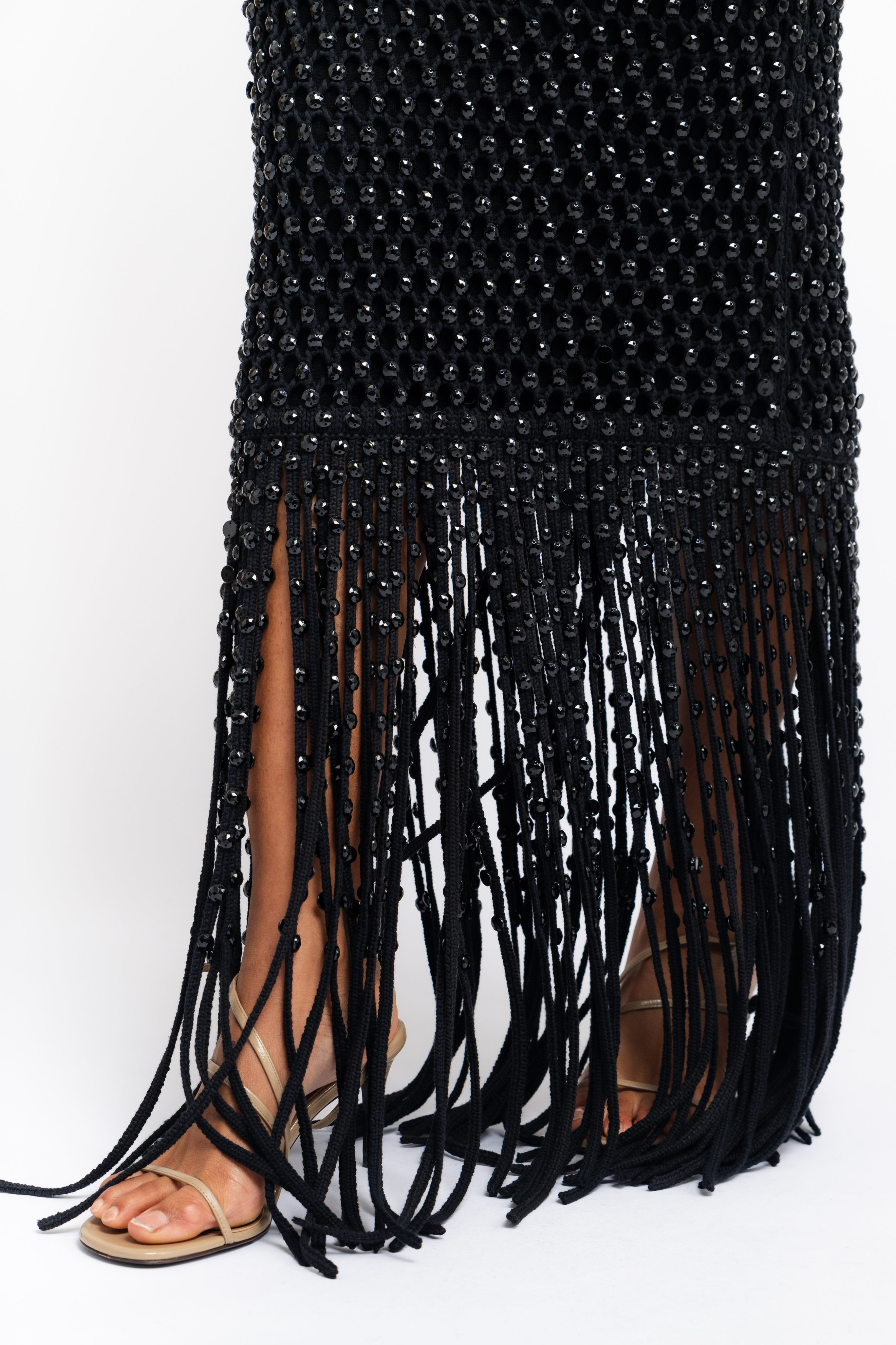 Crystal Mesh Gala Fringe Gown - Black