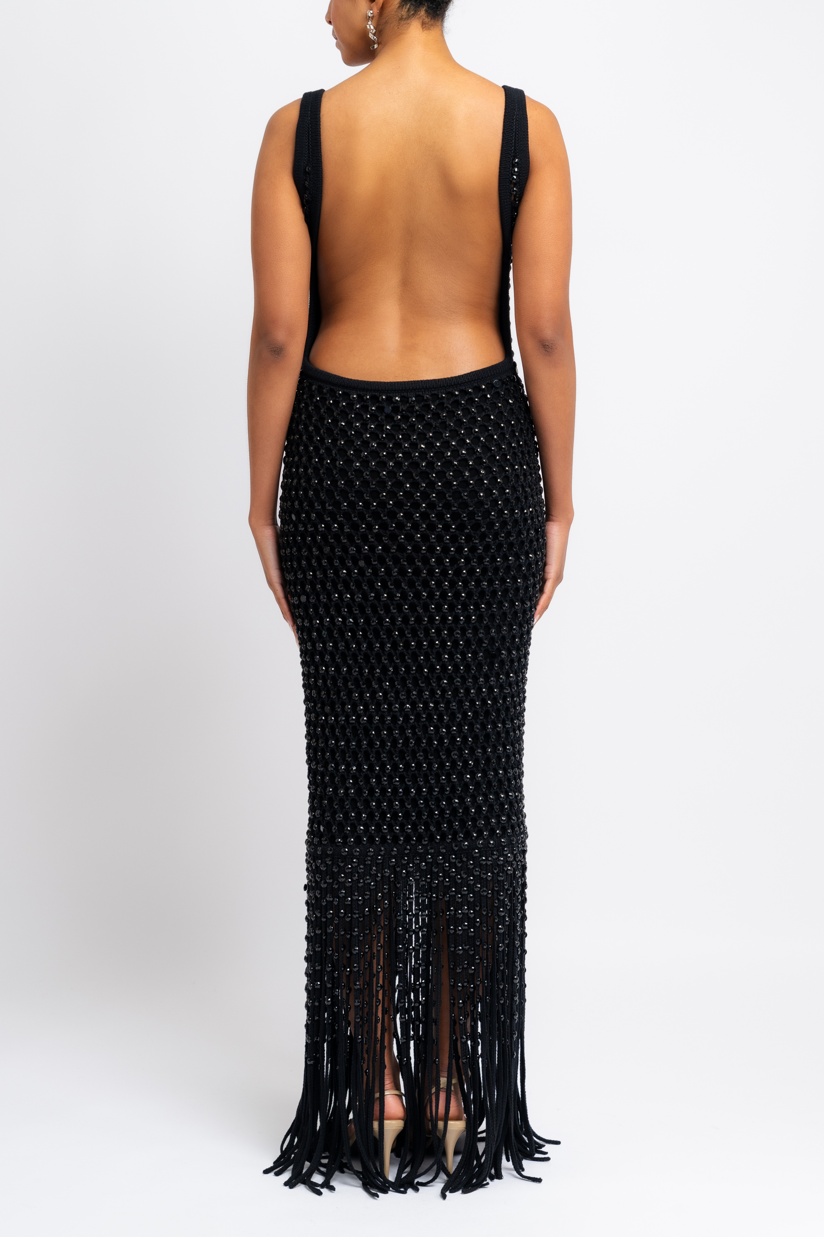 Crystal Mesh Gala Fringe Gown - Black