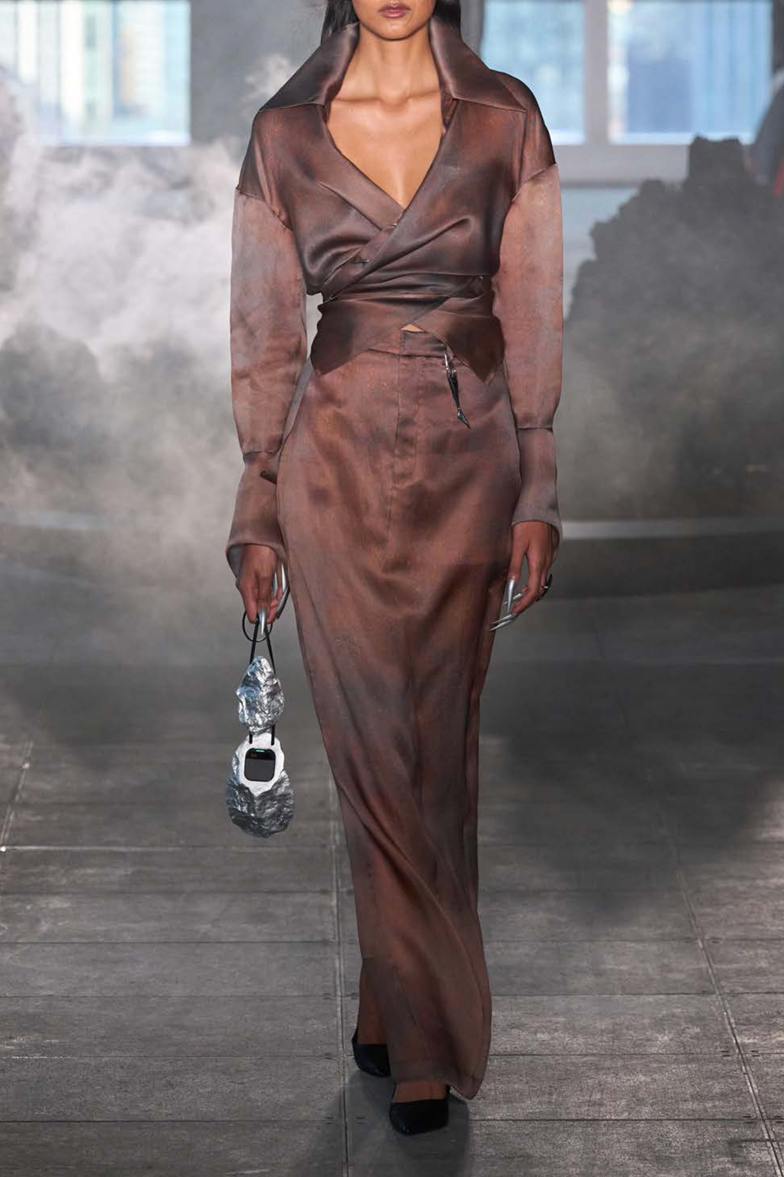 Rust Tailored Silk Maxi Pillar Skirt