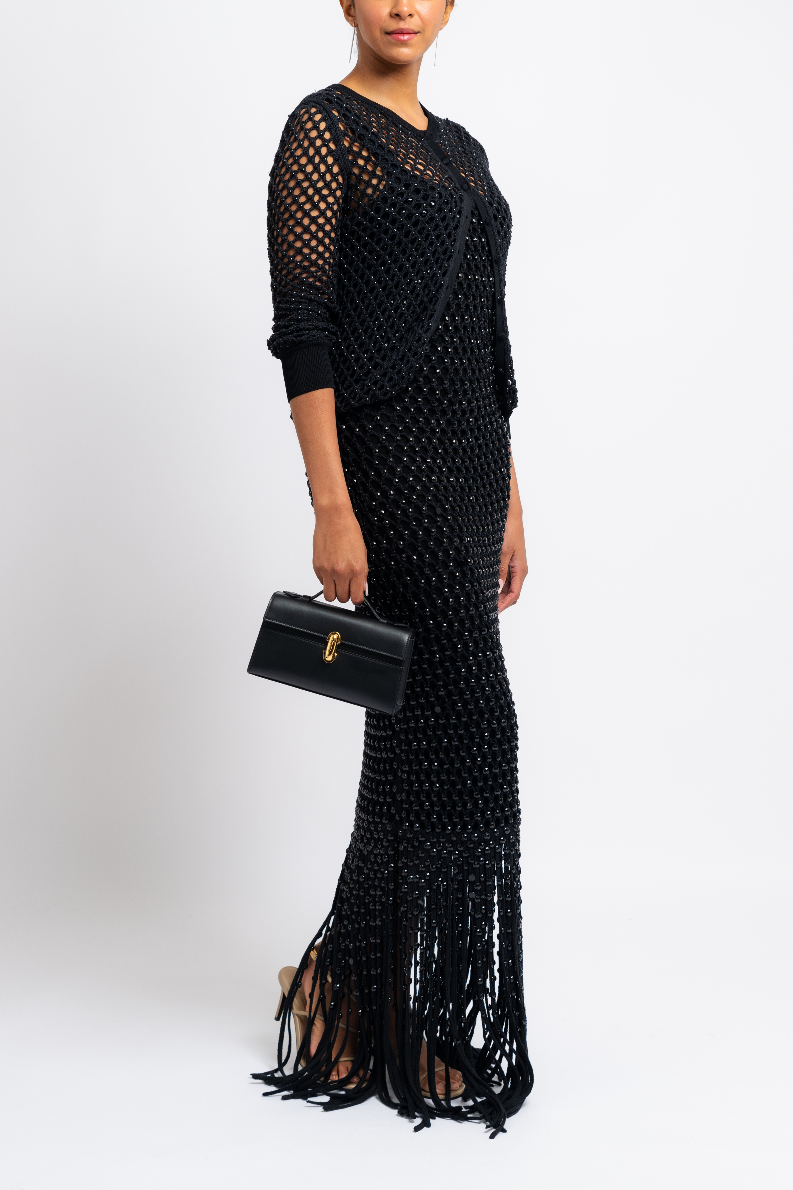 Crystal Mesh Gala Fringe Gown - Black