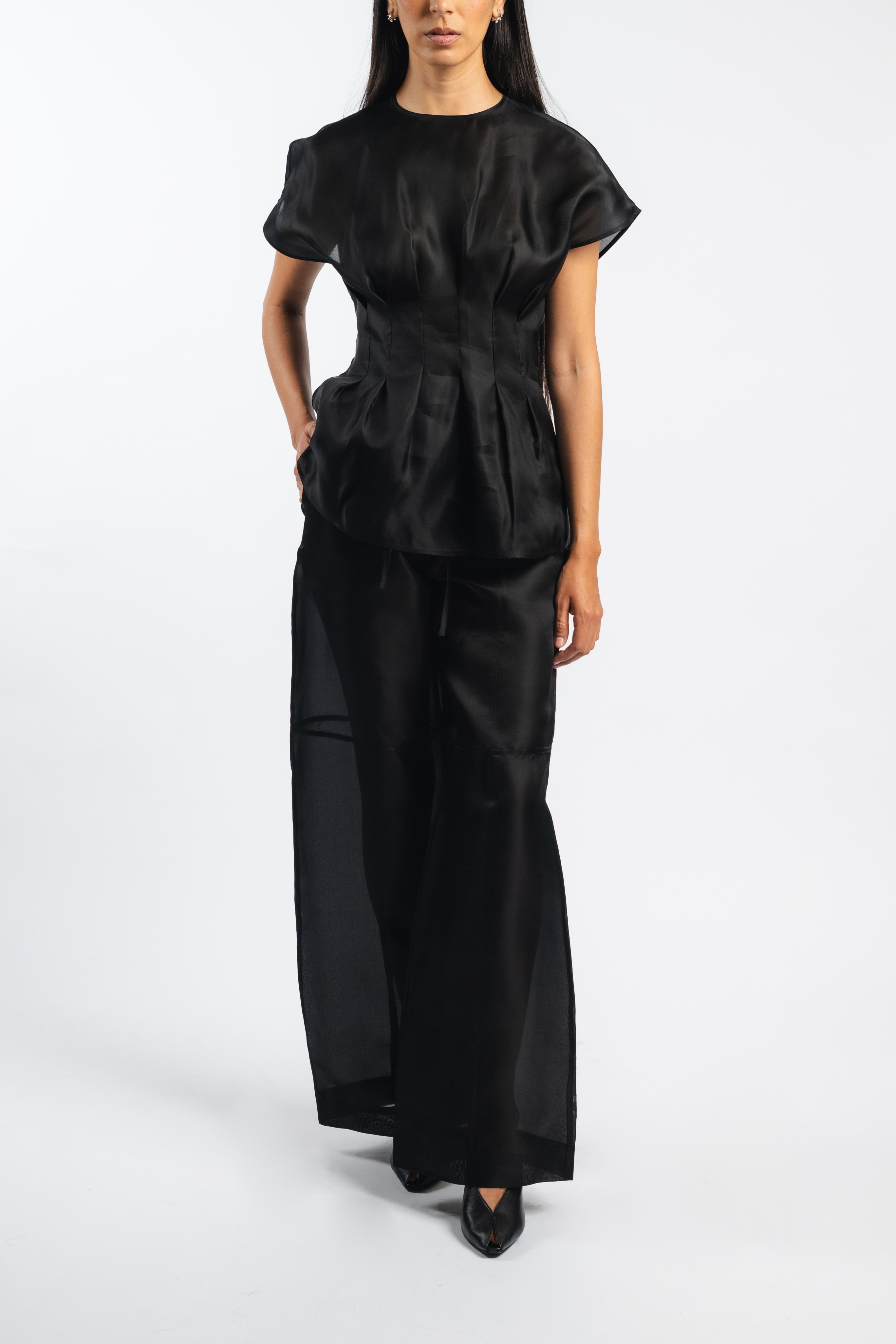 Pleated Waistline Organza Silk Top