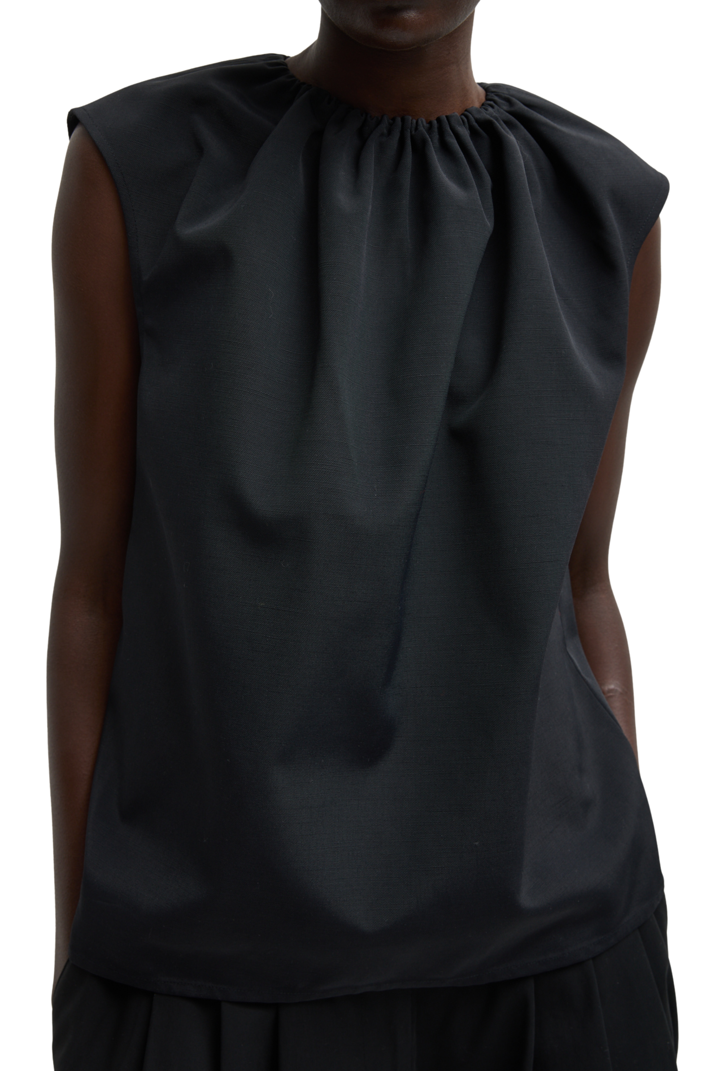 Lotte Nylon Shirred Neck Top - Black