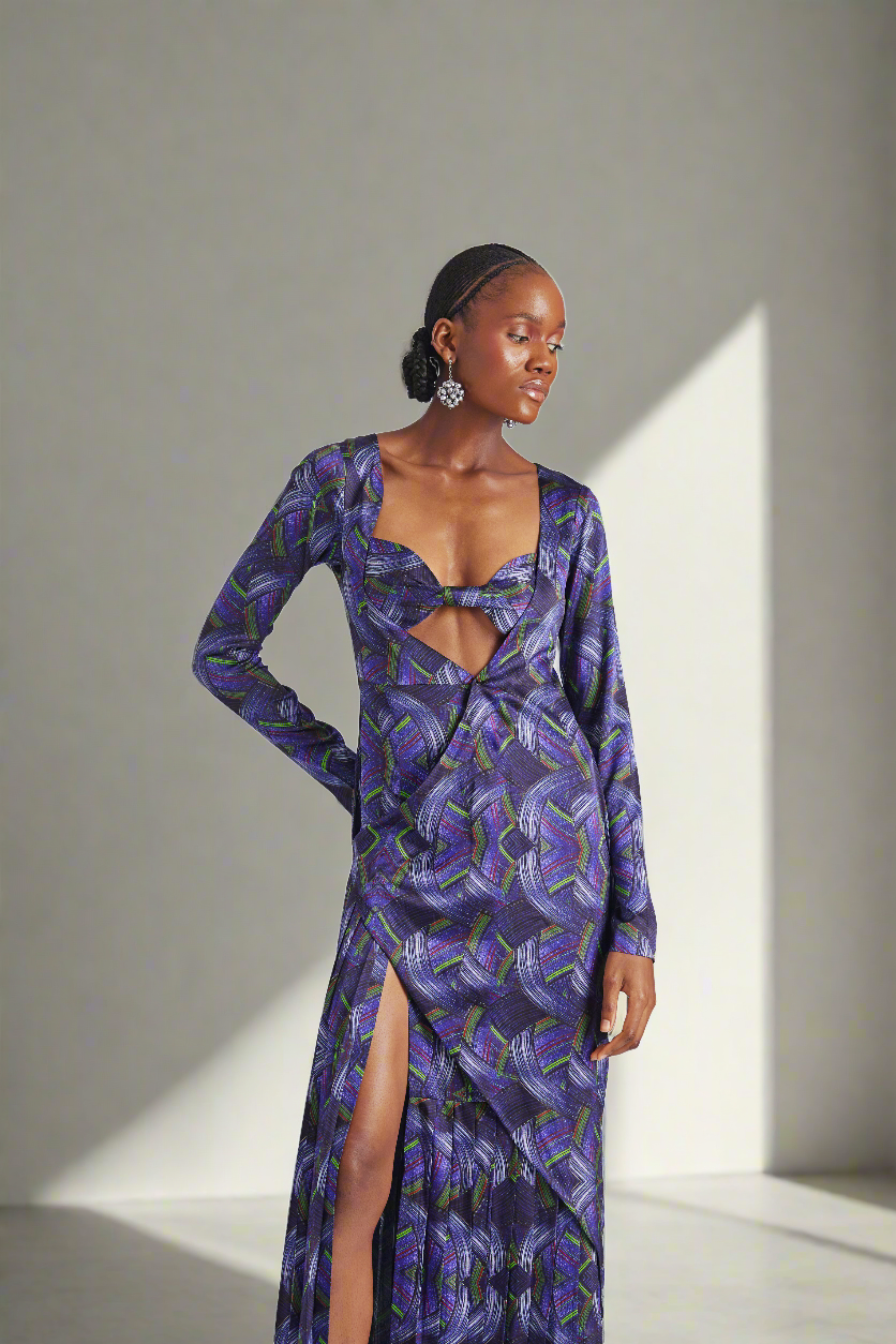 LISA FOLAWIYO Silk Printed Cut Out Maxi Dress