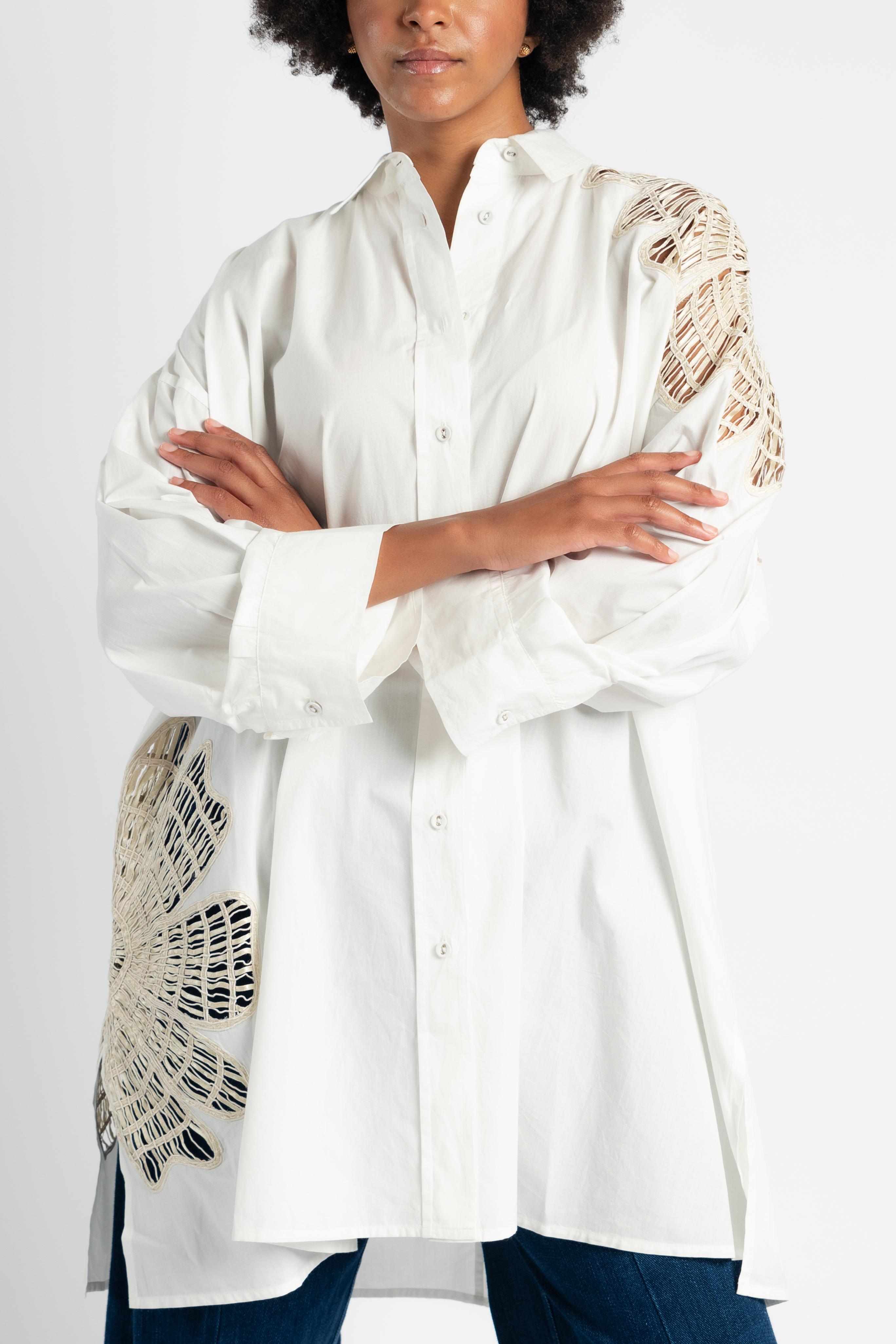Botanical Flower Embroidery Shirt in White