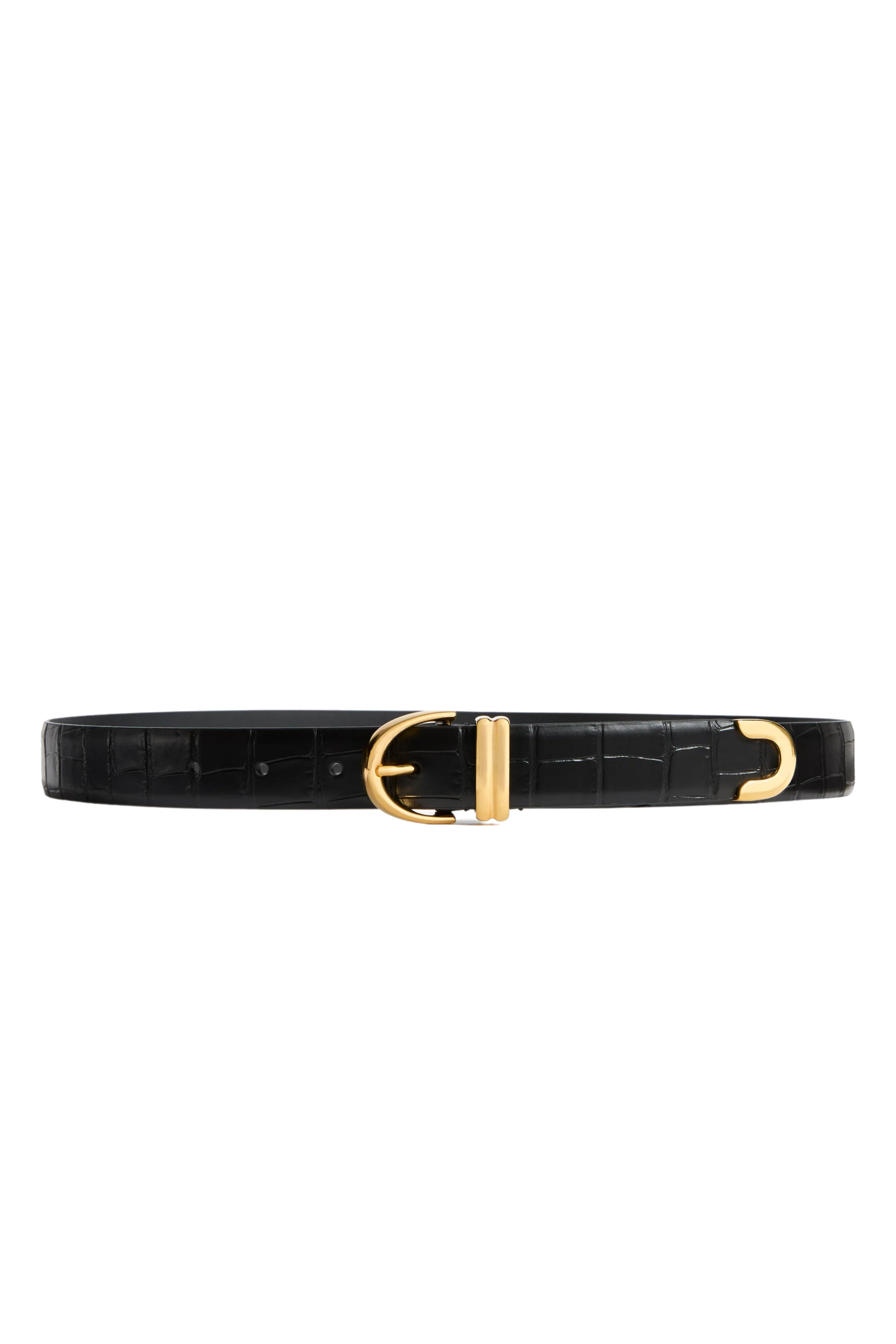 Bambi Black Croc Embossed Leather Belt in Gold Hardware
