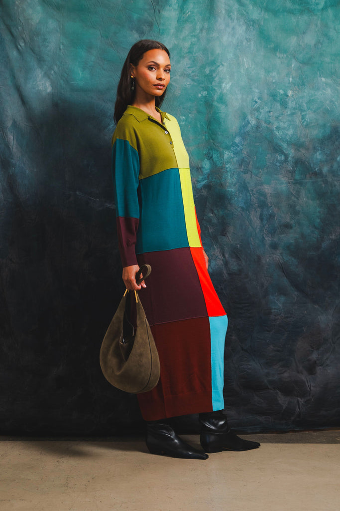 Relaxed Patchwork Polo Knit Dress