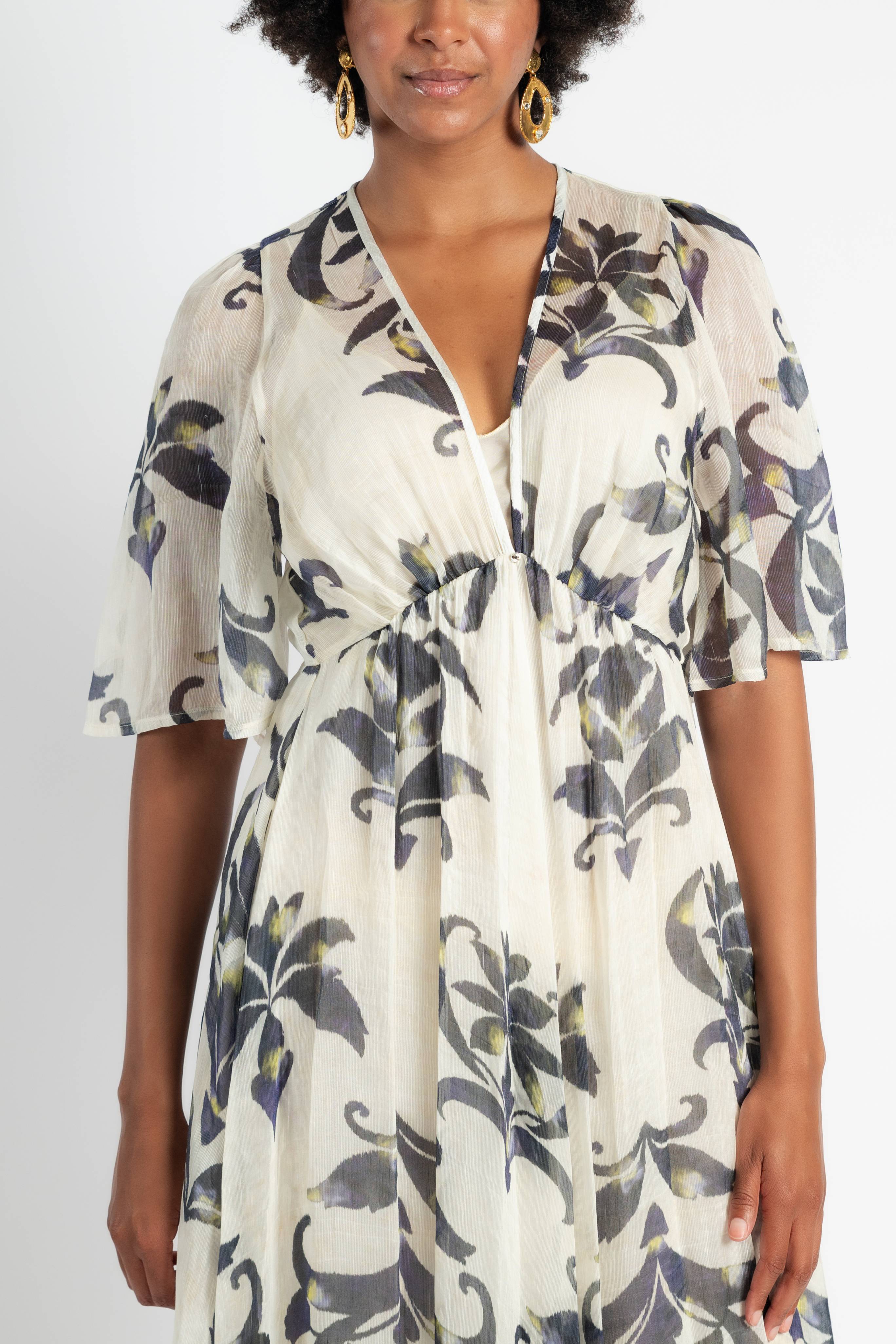 Secret Lily Print Linen Silk Gauze Dress